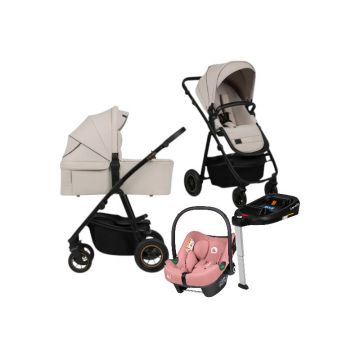 Carucior 4 in 1, Lionelo, Amber Plus, Cu scoica auto Roz testata ADAC + Baza Isofix, Reversibil, Maner ajustabil, Cu accesorii, Cu ventilatie panoramica 3D, Pana la 22 kg, EN1888-1, EN1888-2, EN1466, ECE R129, Bej