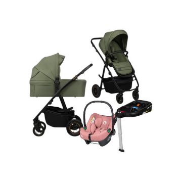 Carucior 4 in 1, Lionelo, Amber Plus, Cu scoica auto Roz testata ADAC +Baza Isofix, Reversibil, Maner ajustabil, Cu accesorii, Cu ventilatie panoramica 3D, Pana la 22 kg, EN1888-1, EN1888-2, EN1466, ECE R129, Verde