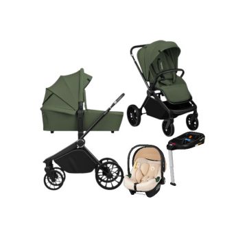 Carucior 4 in 1, Lionelo, Mika Plus, Cu scoica auto Bej testata ADAC + Baza Isofix, Reversibil, Cu sistem de ventilatie 3D, Cu accesorii, Pana la 22 kg, EN1888-1 EN1888-2 EN1466 ECE R129, Verde