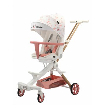Carucior C2 Deluxe, reversibil, pliabil, cu lumini si muzica, Alb cu roz