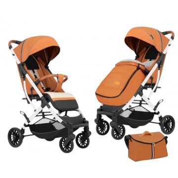 Carucior sport cu geanta si husa pentru picioare, pliere rapida tip troller, S2 Caramiziu
