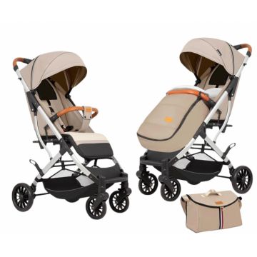 Carucior sport cu geanta si husa pentru picioare, pliere rapida tip troller, S2 Crem