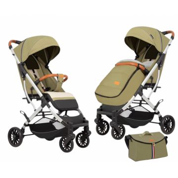Carucior sport cu geanta si husa pentru picioare, pliere rapida tip troller, S2 Verde