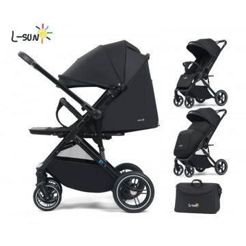Carucior sport Q1, Negru, cu maner reversibil, pozitie de somn, pliabil, cu husa si geanta