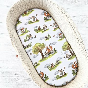 Cearceaf cu elastic Qmini Fox on bikes Natural pentru landou, carucior si cosulet, 80x35 cm, din bumbac
