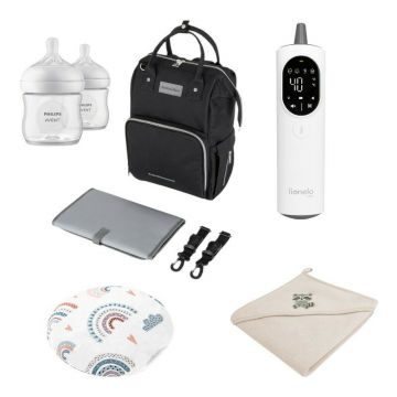 Pachet Essential Kit, Qmini, Cu rucsac pentru mamici 11 compartimente, Prosop cu gluga din bumbac, Pernuta anticolici cu samburi de cirese, Biberoane Philips Avent, Anticolici, 125 ml, Termometru fara contact cu 4 moduri, Multicolor