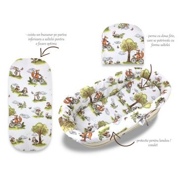 Set pentru landoucosulet Qmini Fox on bikes Natural, cu protectie, saltea si pernuta, din bumbac