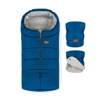 Set plimbare Petite&Mars cu sac de iarna, Jibot, Impermeabil, 100x48 cm si manusi calduroase pentru carucior, Jasie, Ocean Blue