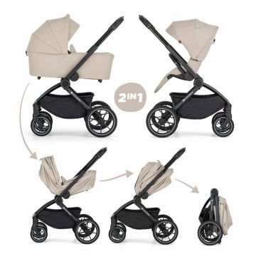 Carucior 2 in 1, Petite&Mars, Scout, Cu landou pliabil, Reversibil, Spatar si suport de picioare reglabile in 3 pozitii, Maner ajustabil, Cu accesorii, Pana la 22 kg, 0 luni+, Bej