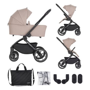 Carucior 2 in 1, Petite&Mars, Scout, Cu landou pliabil, Reversibil, Spatar si suport de picioare reglabile in 3 pozitii, Maner ajustabil, Cu accesorii, Pana la 22 kg, 0 luni+, Crem Cappuccino