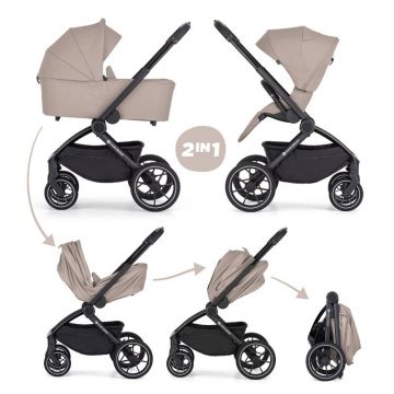 Carucior 2 in 1, Petite&Mars, Scout, Cu landou pliabil, Reversibil, Spatar si suport de picioare reglabile in 3 pozitii, Maner ajustabil, Cu accesorii, Pana la 22 kg, 0 luni+, Crem Cappuccino
