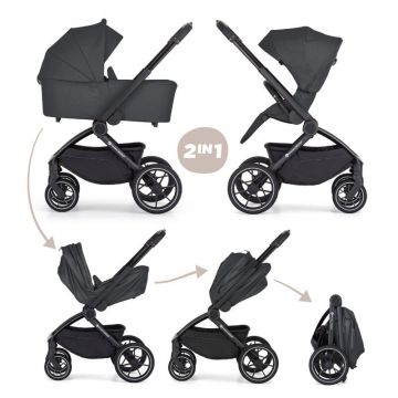 Carucior 2 in 1, Petite&Mars, Scout, Cu landou pliabil, Reversibil, Spatar si suport de picioare reglabile in 3 pozitii, Maner ajustabil, Cu accesorii, Pana la 22 kg, 0 luni+, Gri