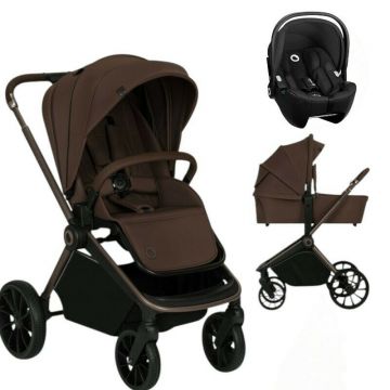 Carucior 3 in 1, Lionelo, Mika Plus, Cu scoica auto Moxie Negru Reversibil, Cu sistem de ventilatie 3D, Cu accesorii, Pana la 22 kg, EN1888-1 EN1888-2 EN1466 ECE R129, Maro