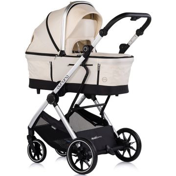 Carucior 3 in 1 pentru copii Chipolino Aurora Cashmere, reversibil, spatar reglabil, cadru din aluminiu, suspensii, geanta, greutate admisa 22 kg