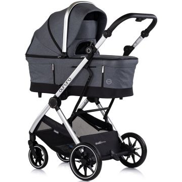 Carucior 3 in 1 pentru copii Chipolino Aurora Charcoal, reversibil, spatar reglabil, cadru din aluminiu, suspensii, geanta, greutate admisa 22 kg
