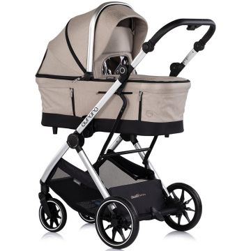 Carucior 3 in 1 pentru copii Chipolino Aurora Latte, reversibil, spatar reglabil, cadru din aluminiu, suspensii, geanta, greutate admisa 22 kg