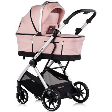 Carucior 3 in 1 pentru copii Chipolino Aurora Powder Pink, reversibil, spatar reglabil, cadru din aluminiu, suspensii, geanta, greutate admisa 22 kg