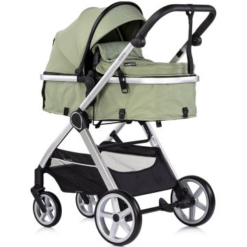 Carucior 3 in 1 pentru copii Chipolino Vista Basil, transformabil, cadru din aluminiu, sezut reversibil, maner reglabil, suspensii, husa de picioare, geanta, greutate suportata 22 kg