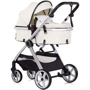 Carucior 3 in 1 pentru copii Chipolino Vista Biscotta, transformabil, cadru din aluminiu, sezut reversibil, maner reglabil, suspensii, husa de picioare, geanta, greutate suportata 22 kg