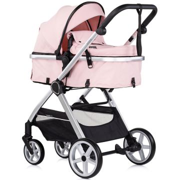 Carucior 3 in 1 pentru copii Chipolino Vista Pink Marshmallow, transformabil, cadru din aluminiu, sezut reversibil, maner reglabil, suspensii, husa de picioare, geanta, greutate suportata 22 kg