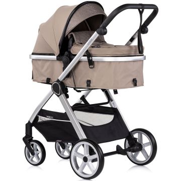 Carucior 3 in 1 pentru copii Chipolino Vista Tiramisu, transformabil, cadru din aluminiu, sezut reversibil, maner reglabil, suspensii, husa de picioare, geanta, greutate suportata 22 kg
