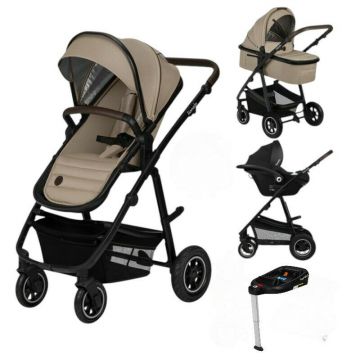 Carucior 4 in 1, Lionelo, Amber, Cu landou intarit si salteluta moale, Cu scoica auto testata ADAC, Baza isofix pentru scoica, Reversibil, Sistem de ventilatie 3D, Cu accesorii, Pana la 22 kg, EN1888-1 EN1888-2 EN1466 ECE R129, Bej