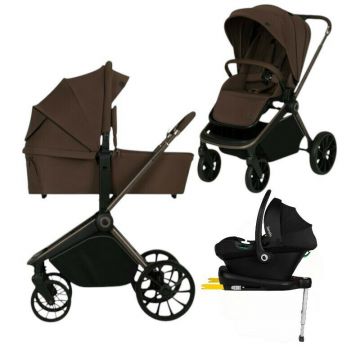 Carucior 4 in 1, Lionelo, Mika Plus, Cu landou intarit si salteluta moale, Cu scoica auto testata ADAC, Baza isofix pentru scoica, Reversibil, Sistem de ventilatie 3D, Cu accesorii, Pana la 22 kg, EN1888-1 EN1888-2 EN1466 ECE R129, Mocha Mousse