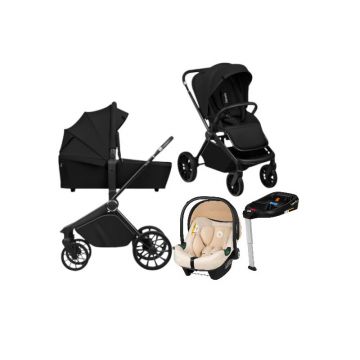 Carucior 4 in 1, Lionelo, Mika Plus, Cu scoica auto Bej testata ADAC + Baza Isofix, Reversibil, Cu sistem de ventilatie 3D, Cu accesorii, Pana la 22 kg, EN1888-1 EN1888-2 EN1466 ECE R129, Negru