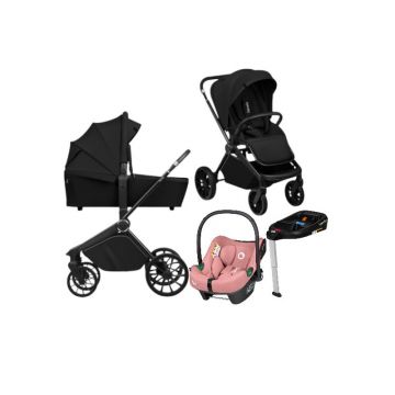 Carucior 4 in 1, Lionelo, Mika Plus, Cu scoica auto Roz testata ADAC + Baza Isofix, Reversibil, Cu sistem de ventilatie 3D, Cu accesorii, Pana la 22 kg, EN1888-1 EN1888-2 EN1466 ECE R129, Negru