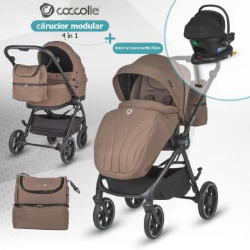 Carucior modular 4 in 1 pentru copii Coccolle Serry Light Taupe cu Scoica auto iSize Coccolle Knox Black si Baza isofix iSize Coccolle Knox