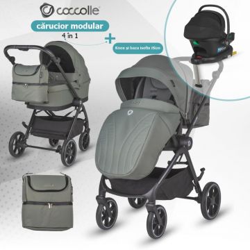 Carucior modular 4 in 1 pentru copii Coccolle Serry Moss Green cu Scoica auto iSize Coccolle Knox Black si Baza isofix iSize Coccolle Knox