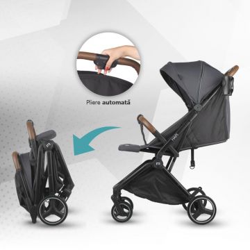 Carucior pentru copii Hapi Marlin Petrol Grey ultrapliabil cu pliere automata, copertina cu protectie UV, spatar reglabil, pozitie verticala dupa pliere, certificat pana la 22 kg
