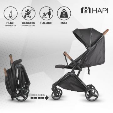 Carucior pentru copii Hapi Marlin Shadow Black ultrapliabil cu pliere automata, copertina cu protectie UV, spatar reglabil, pozitie verticala dupa pliere, certificat pana la 22 kg