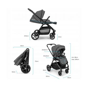 Carucior pentru copii Kidnort Alskar dark gray, 6-48 luni pana la 22 kg, bara de protectie detasabila, capotina extensibila, spatar si suport pentru picioare reglabile, cu geanta si accesorii incluse