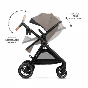 Carucior pentru copii Kinderkraft Esme Pro Sand Beige 3 in 1, reversibil, cu suspensii, geanta, suport pentru pahar si husa pentru ploaie