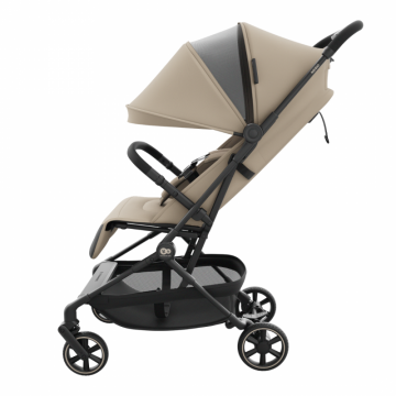 Carucior pentru copii Kinderkraft Nebo Soft Beige, cadru din aluminiu, compact, compatibil avion, greutate admisa 22 kg, include geanta de transport si curea de umar