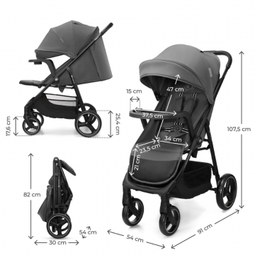Carucior pentru copii Kinderkraft Trig 3 Granite Grey cu tava inclusa, suspensii, greutate admisa 22 kg