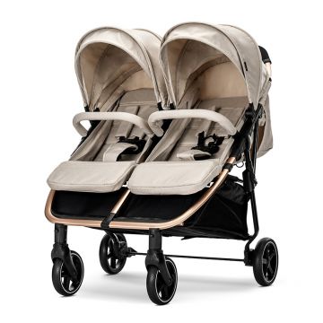 Carucior pentru gemeni Lorelli Duo Beige, cadru din aluminiu, spatar reglabil pozitii multiple, geanta pentru mama inclusa