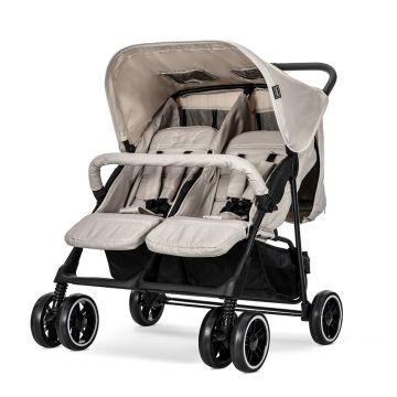 Carucior pentru gemeni Twin Beige reglabil individual, geanta pentru mama si huse pentru picioare