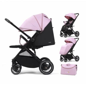 Carucior sport Q1, Roz, cu maner reversibil, pozitie de somn, pliabil, cu husa si geanta