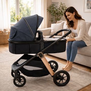 Carucior transformabil 2 in 1 pentru copii Appekids Elite Navy Grey cu suspensii, sezut reversibil, accesorii, greutate suportata 22 kg