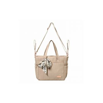 Geanta pentru mamici, BabyOno, Carmen, Pentru carucior si umar, 30x15.5x26 cm, 9 buzunare, Saltea de infasat inclusa, Suport de chei, Material eco, Bej