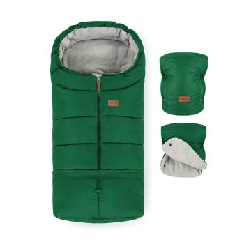 Set plimbare Petite&Mars cu sac de iarna, Jibot, Impermeabil, 100x48 cm si manusi calduroase pentru carucior, Jasie, Green