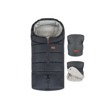 Set plimbare Petite&Mars cu sac de iarna, Jibot, Impermeabil, 100x48 cm si manusi calduroase pentru carucior, Jasie, Grey