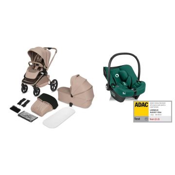 Carucior 3 in 1, Lionelo, Freya, Cu scoica ADAC, Landou si salteluta ventilate, Pliabil, Reglare spatar in 3 pozitii, Suport de picioare in 4 pozitii, Maner reglabil in 3 pozitii, Sustine 22 kg, Cu accesorii, 0 luni+, Bej/verde