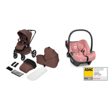 Carucior 3 in 1, Lionelo, Freya, Cu scoica ADAC, Landou si salteluta ventilate, Pliabil, Reglare spatar in 3 pozitii, Suport de picioare in 4 pozitii, Maner reglabil in 3 pozitii, Sustine 22 kg, Cu accesorii, 0 luni+, Maro/roz