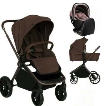 Carucior 4 in 1, Lionelo, Mika Plus, Cu scoica auto Moxie Mov cu baza rotativa 360, Reversibil, Cu sistem de ventilatie 3D, Cu accesorii, Pana la 22 kg, EN1888-1 EN1888-2 EN1466 ECE R129, Maro