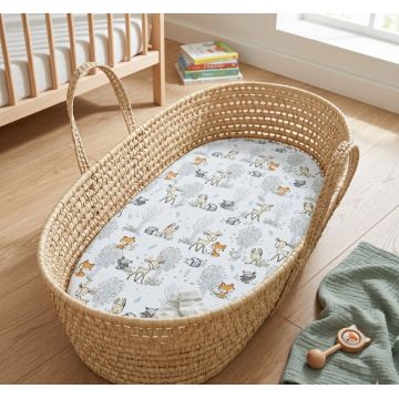 Cearceaf pentru saltea landou copii Kerstin Forest Animals 80 x 38cm, din bumbac 100, cu elastic roata