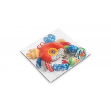 Jucarie de plus pentru caruciorpatut Sensillo Funny Crab cu zornaitoare,fosnait si inele de dentitie, realizata din material plusat,agatatoare practica