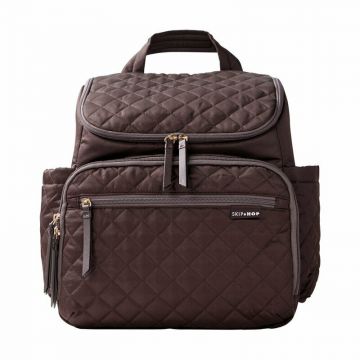 Rucsac pentru mamici, Skip Hop, Compartimentat, Matlasat, Cu multiple buzunare, Include 2 gentute mai mici pentru depozitare si salteluta de infasat, 41x20x36 cm, Ciocolatiu